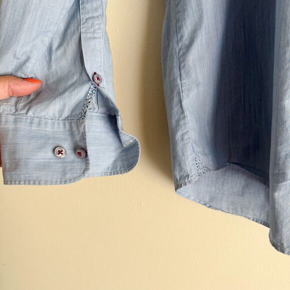 Tommy Bahama Blue + White Striped Collared Button Up - Large - Picture 2 of 8